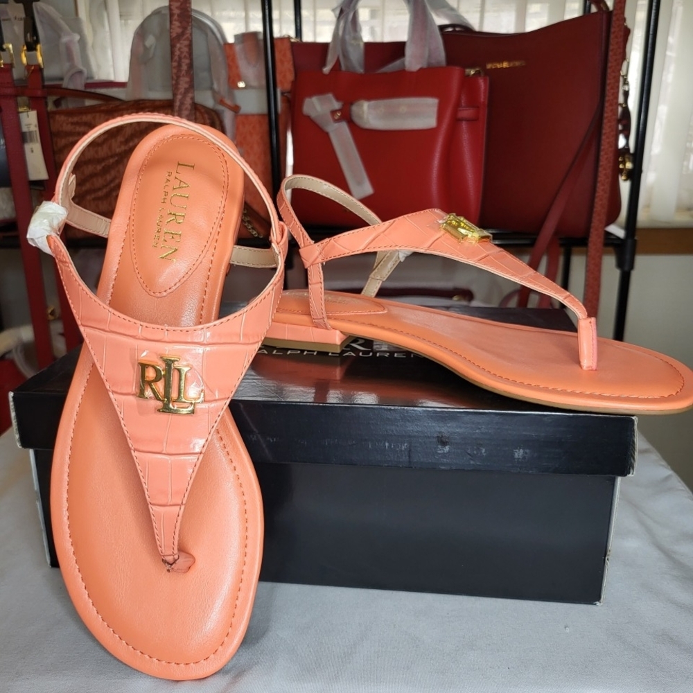 Lauren Ralph Lauren Ellington Crocodile Embossed Leather Sandal - Coral Size 7.5
